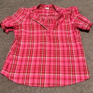 Hot pink plaid shirt with ruffle neckline and ruffle sleeves by LASCANA size 8